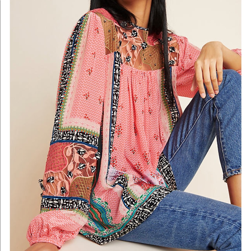 NWT Anthropologie Rosario Embroidered Blouse in Pink Multi